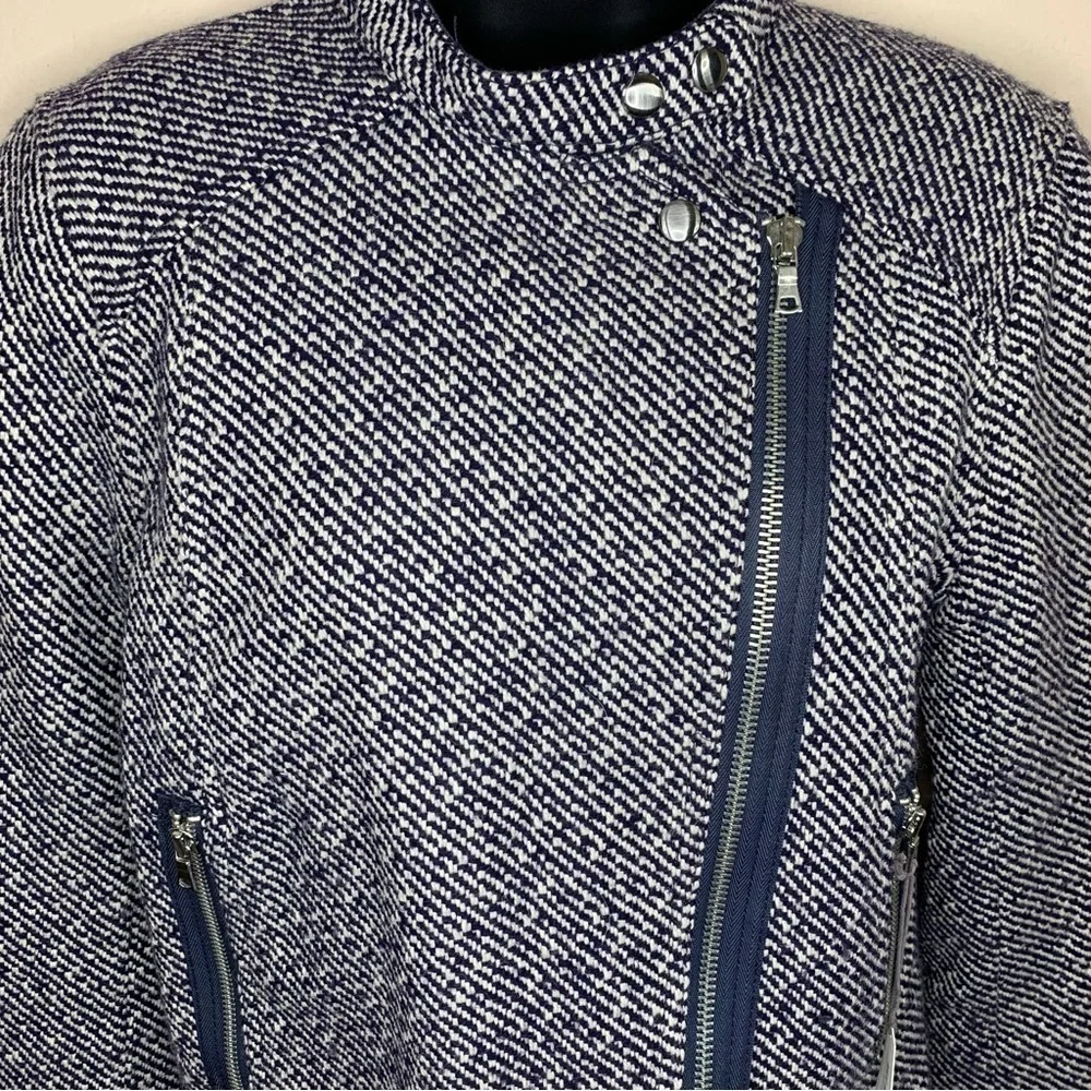 Small New Gap Wool Tweed Blue White Moto Coat Jacket Zip Closure Long Sleeve